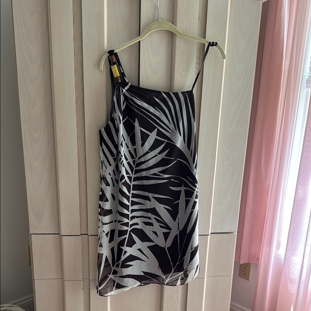 Milly Adriana One Shoulder Elegant Brown and Gray Leaf Print Dress